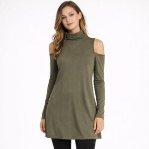 Neiman Marcus Olive Green Cold Shoulder Mock Neck Dress Tunic M